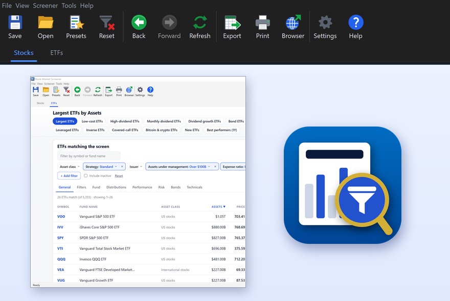 Stock Market Screener toolbar in dark mode, the ETFs tab in light mode showing the largest ETFs by assets, and the program icon