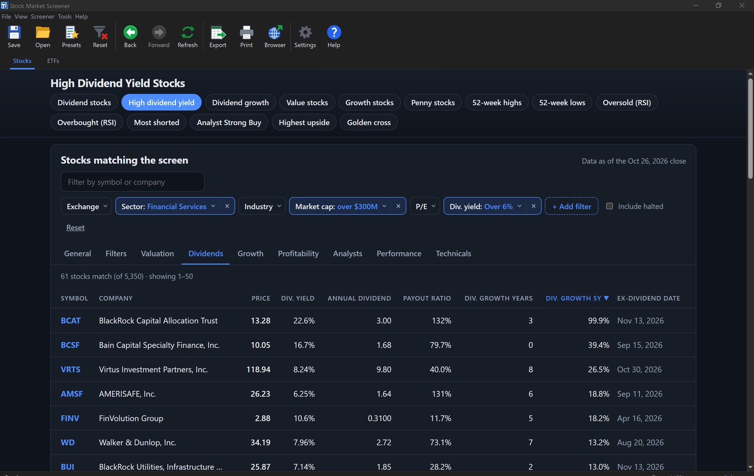 Stocks tab in dark mode: High Dividend Yield Stocks preset filtered by sector, market cap and dividend yield, with the Dividends view of the results