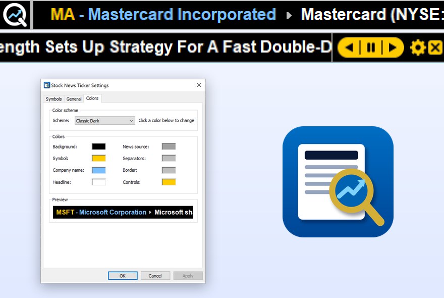 Stock News Ticker bar scrolling Mastercard news with the Colors settings tab and program icon