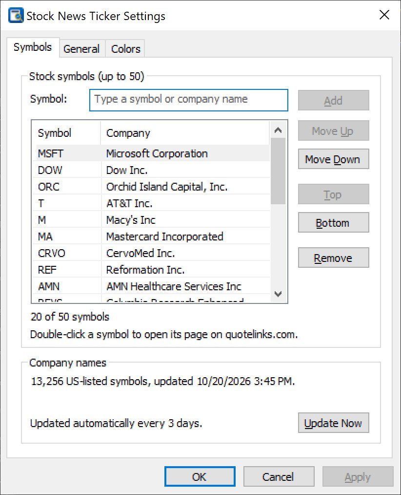 Symbols tab: symbol search box, list of stocks with company names, Move Up, Move Down, Top, Bottom and Remove buttons