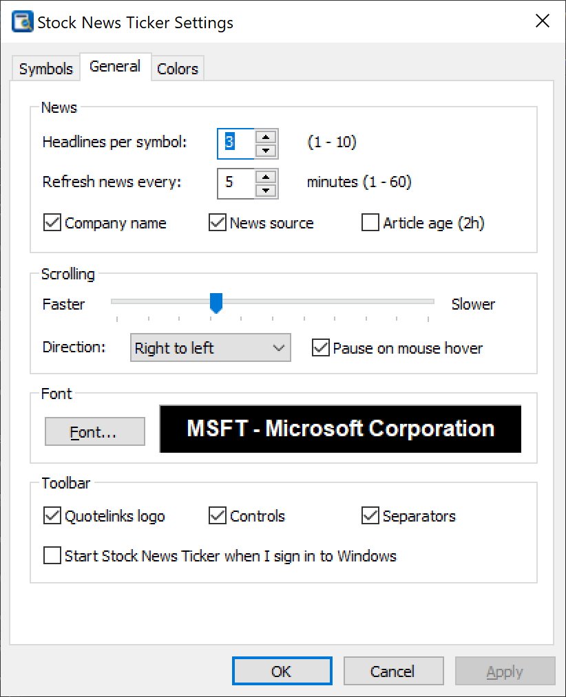 General tab: headlines per symbol, refresh interval, scrolling speed and direction, font and toolbar options