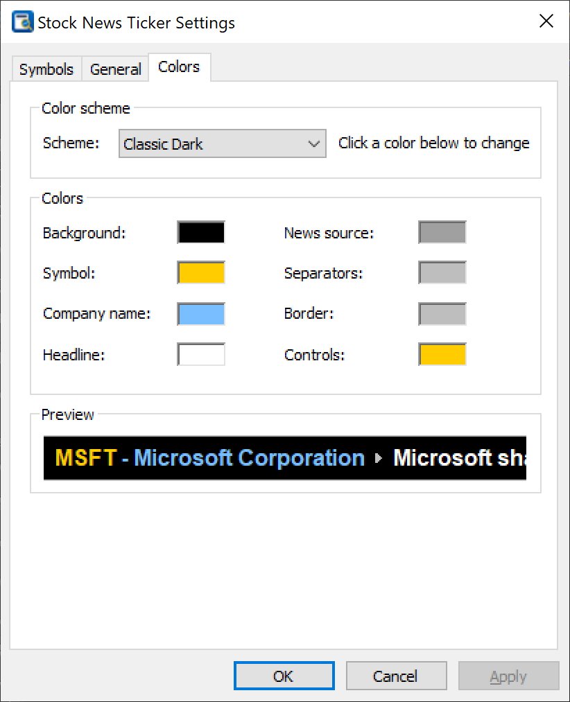 Colors tab: color scheme selector, eight color pickers and a live preview